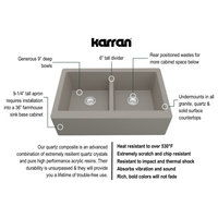 Karran Farmhouse Apron Front Quartz 34" Double Bowl Kitchen Sink, Concrete