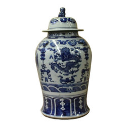 Blue & WhiteChinese Blue & White Scenery Porcelain Large Temple General Jar cs45 - Decorative Jars And Urns