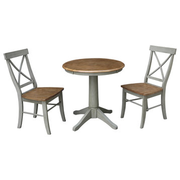 30" Round Top Pedestal Table With X-Back Chairs, 3-Piece Set, Distressed Hickory/Stone