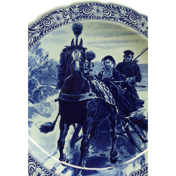 Consigned Antique Plate Petrus Regout Blue Delft Carriage Large White Ce