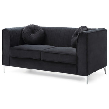 Delray 87 in. Velvet 2-Seater Sofa With 2-Throw Pillow, Black