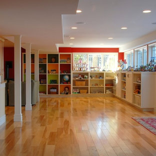 Inspiration for a classic look-out basement in Burlington with red walls, no fireplace, light hardwood flooring and orange floors.