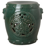 EMISSARY - Dragon/Medallion Table Lake Distressed Teal18x20 - This dragon medallion ceramic garden stool with a lake teal glaze is the perfect touch to any indoor or outdoor space. It can be used as a small side table, an extra seat or as a planter pedestal. This collection offers the best combination of design and glazes.