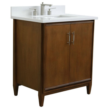 31" Single Sink Vanity, Walnut Finish, White Quartz With Rectangle Sink