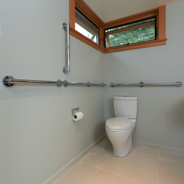 Bathroom is large enough to accommodate a motorized wheelchair.
