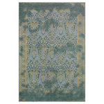 Bareens Designer Rugs - Chic Ziegler Harriett Teal Blue Hand-Knotted Wool and Silk Rug - 7'10'' x 9'7'' - Enhance the ambiance of your home with this magnificent Persian-influenced Turkish hand-knotted rug made by skilled artisans capable of creating the most exceptional vegetable dyes and hand-spun wool. This exquisite handmade rug is a one-of-a-kind Peshawar Kafkaz, otherwise identified as Chobi, Chobi Peshawar, Oushak, or Ziegler rug. These handmade rugs are crafted in Pakistan utilizing superior-quality wool imported from Australia, New Zealand, and Korea in two types of weaves: the Persian weave and the Mori weave. This rug is meticulously crafted by hand using the finest natural vegetable dyes extracted from local plants. The artisans use a blend of hand-spun local and fine merino wool, resulting in a rug with a compelling texture, higher lanolin content, and longer staple. The artisans occasionally incorporate natural or artificial silk into the pile to enhance specific motifs. The finished product is an awe-inspiring execution of flawless design and an understated palette that exudes elegance.