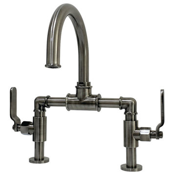 Industrial Style Bridge Bathroom Faucet With Pop-Up Drain, Black Stainless