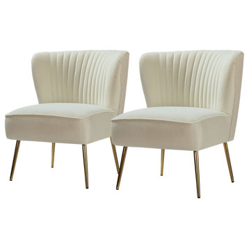 Set of 2 Accent Chair, Angled Legs With Velvet Seat & Channeled Back, Ivory