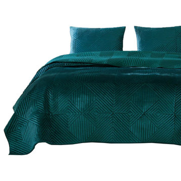 Benzara BM233899 Bann 3 Piece King Quilt Set With Geometric Design, Green