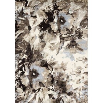 Charlotte Collection Brown Cream Watercolor Flowers Area Rug, 5'3"x7'7"