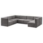 Meridian Furniture - Quincy Velvet Upholstered 7-Piece U-Shaped Modular Sectional, Grey - Show them all that less is more with the minimalist look of this Quincy velvet cloud-like comfort modular sectional. This elegant chair features a simple design that's all about comfort and modern style. The soft grey velvet upholstery is sleek to the touch, and the back of the unit features deep horizontal channel tufting for a look that wows. Because this is a modular seating option, you can pair it easily with other items in the Quincy collection to create a look you love. Latches underneath make it easy to mix and match items from the collection.