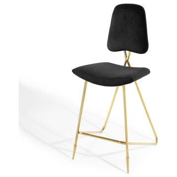 Modern Bar Stool, Golden Metal Frame With Comfortable Velvet Seat, Black