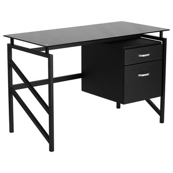 Contemporary Desk, Metal Frame With Line Details and 2 Storage Drawers, Black