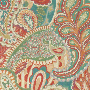 Orange, Teal, Green, Orange, Paisley Contemporary Upholstery Fabric By The Yard