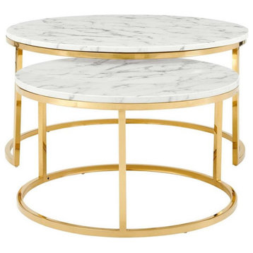 Modway Ravenna 2-Piece Stainless Steel Nesting Coffee Table in Gold & White