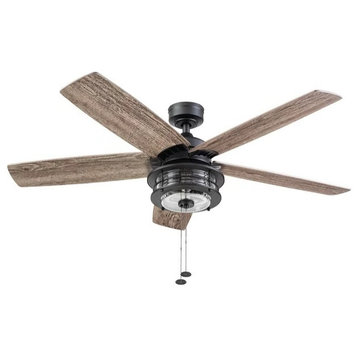Rustic Farmhouse Ceiling Fan, Seeded Glass Shade & Reversible Blades, Black