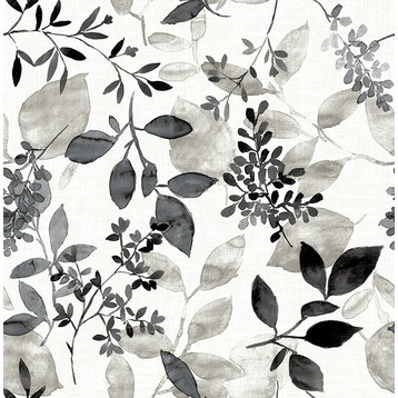 Monochromatic Watercolor Floral Wallpaper, Black & Gray, Bolt