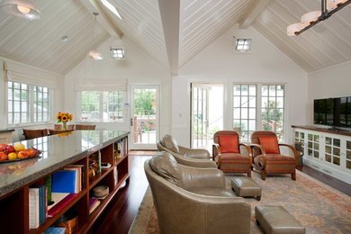 Living room - traditional dark wood floor living room idea in San Diego with white walls and a tv stand