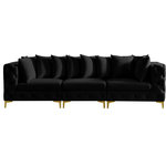 Meridian Furniture - Tremblay Velvet Upholstered 3-Piece Modular Sofa, Black - Lean back and relax on this Tremblay sofa. Featuring soft black velvet upholstery with deep button tufting, this sofa adds a bold touch to any living space. A complete set of gold and chrome legs are included, so you can change it up to suit your home decor. This sofa is modular, so you can create infinite configurations with it, which are easily attached using the latch underneath the frame. Its contemporary design is perfect for the modern home.