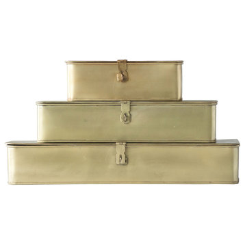3-Piece Square Decorative Metal Boxes With Gold Finish, Rectangle