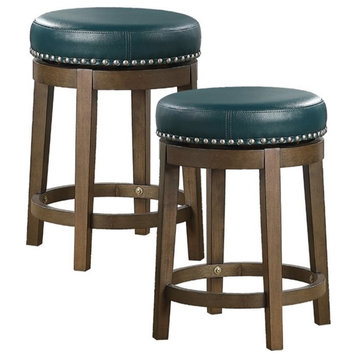 Bowery Hill 24" Faux Leather Round Swivel Counter Stool in Green (Set of 2)
