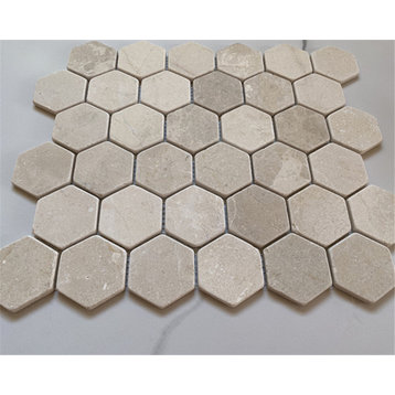 Tumbled Crema Marfil Marble 2" Hexagon Non Slip Shower Floor Tile, 1 sheet