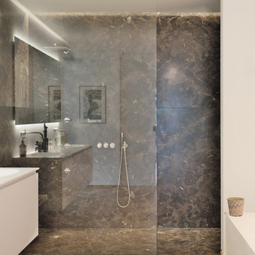 Marmordusche mit Vola Armaturen und innovativem baqua System