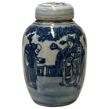 Chinese Blue White Ceramic 3 Gods Graphic Container Urn Jar Hws3121
