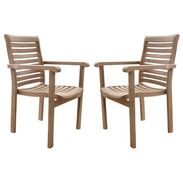 Hari Stacking Arm Chairs, Teak Outdoor Dining Patio, Set of 2