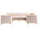 Meridian Furniture - Alina Velvet Modular U-Shaped Sectional, Pink, 8-Piece: 4 Armless Chair, 4 Corner Chair - Bring modern beauty to your space with the addition of this Alina Velvet Modular sectional. This beautiful sectional features deep channel tufting to ramp up its visual interest and add to its resilient demeanor. Its soft Pink velvet upholstery blends nicely with existing elements in your room and is sleek to the touch, making this seat a super comfortable one. Part of the modular Alina collection, this sectional has a latch that attaches it to other pieces to create your custom seating arrangement.