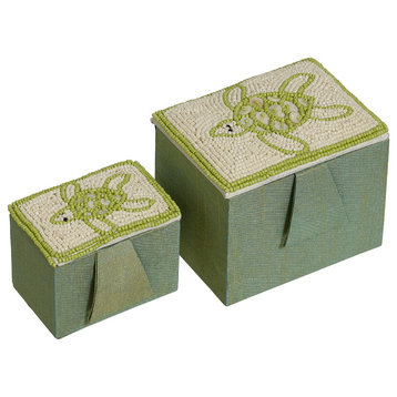 2-Piece Handcrafted Beaded Boxes in Turtle design, Rectangular Boxes, Green
