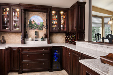 Inspiration for a large timeless u-shaped ceramic tile and brown floor wet bar remodel in Orange County with no sink, dark wood cabinets, quartzite countertops and stone tile backsplash