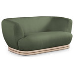 Meridian Furniture - Kipton Boucle Fabric Upholstered Loveseat, Green - Add an elegant touch to your living room with this eye-catching Kipton loveseat from Meridian Furniture. Featuring a rubber wood frame upholstered with rich green boucle fabric this loveseat is both soft and comfortable to kick back and relax in. Its solid rubber wood base in a natural oak finish provides a splash of color to this green piece, making it a stunning addition to your living area, while its curved back makes it an extra cozy place to sit.