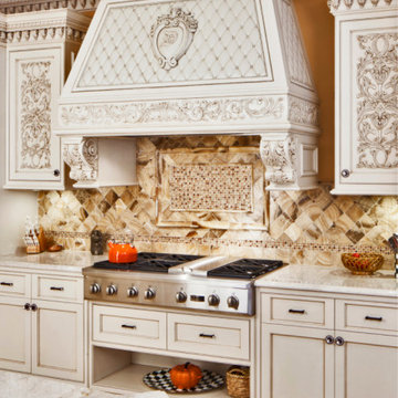 Italian inspired patina and mahogany kitchen. Saddle River, NJ