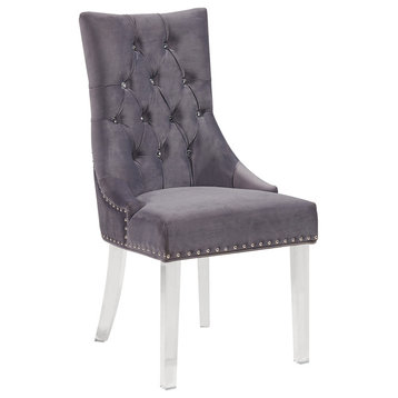 Rees Modern and Contemporary Tufted Dining Chair, Gray Velvet With Acrylic Legs
