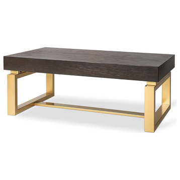 Modern Coffee Table, Geometric Metal Frame With Rectangular Top, Gold/Brown