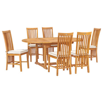 7 Piece Teak Wood Balero Round to Oval Dining Set With 6 Side Chairs