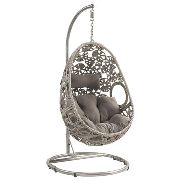 Sigar Patio Hanging Chair With Stand, Light Gray Fabric and Wicker