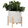 12" Ceramic Tribal Planter With Wood Stand, Beige