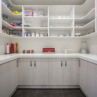 Mid-sized modern kitchen pantry designs - Example of a mid-sized minimalist single-wall ceramic floor kitchen pantry design in Auckland with an undermount sink, flat-panel cabinets, white cabinets, quartz countertops, white backsplash, glass sheet backsplash, stainless steel appliances and an island
