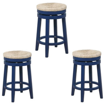Home Square 3 Piece Solid Wood Swivel Rush Counter Stool Set in Navy Blue