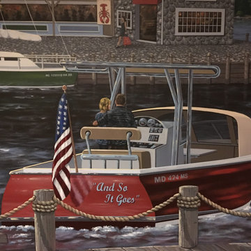 New England Harbor Town Mural, hand painted throughout a lower level