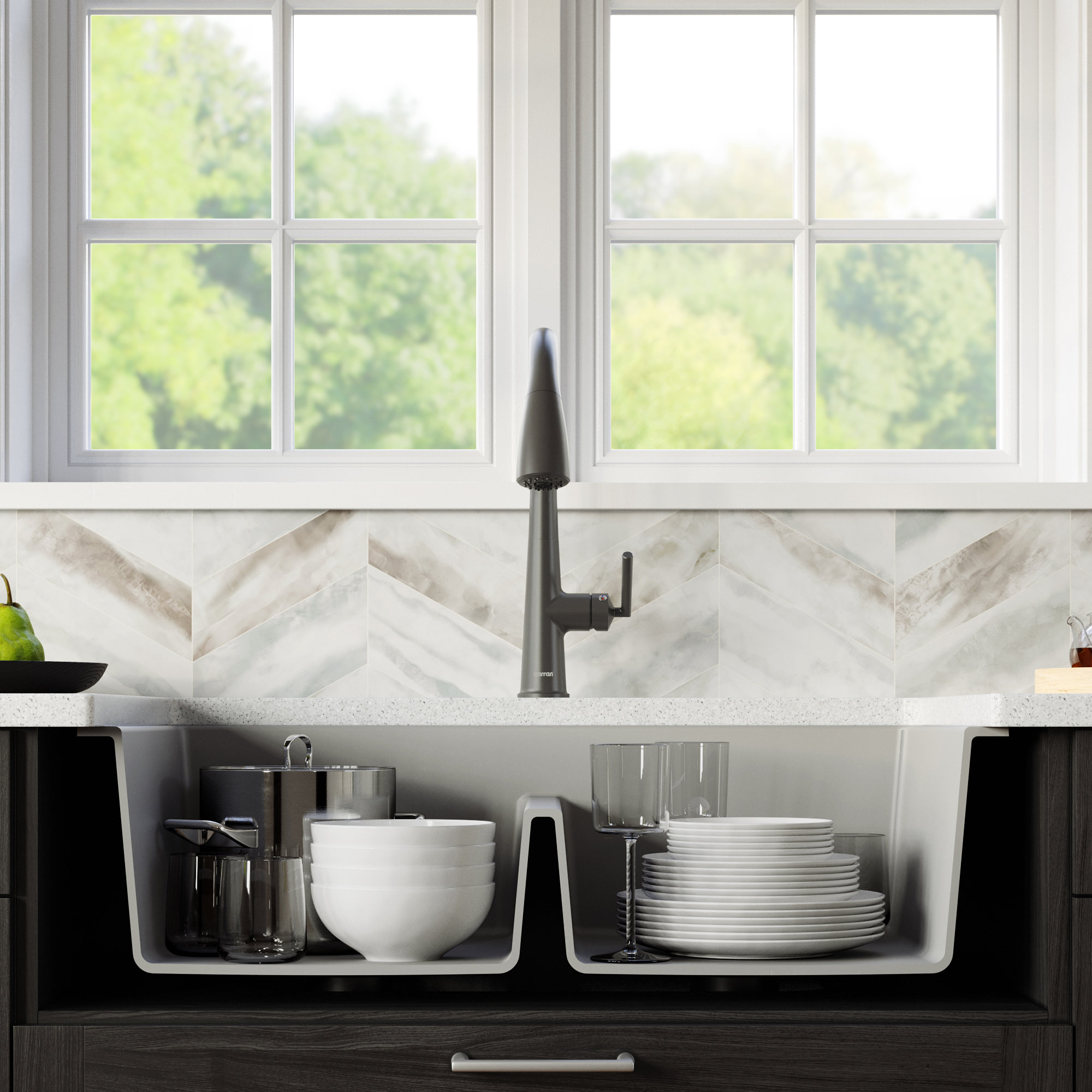 Karran Retrofit Farmhouse Quartz 34" Double Bowl Sink, Grey