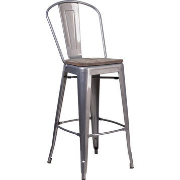 30" High Clear Coated Barstool With Back and Wood Seat