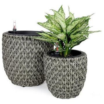2-Pack Catleza Self-watering Wicker Planter - Garden Decoration Pot - Round , Gray