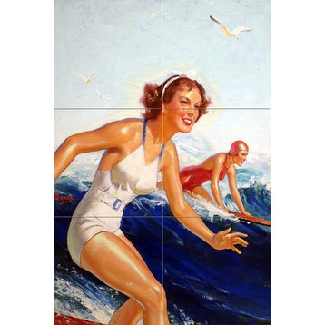 Tile Mural Sea Wave Surfer Girl Woman Kitchen Backsplash, 6" Ceramic, Glossy