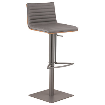Carmichael Adjustable Gray Metal Barstool, Gray Faux Leather With Walnut Back