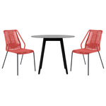 Armen Living - Sydney and Clip 3 Piece Outdoor Patio 36" Dining Set in Eucalyptus Wood and Rope, Brick Red - The Sydney and Clip 3 Piece Outdoor Patio Dining Set elevates your outdoor space with a touch of modern flair. The mixed materials work well together and create a fun and cohesive dining set for your front porch, back yard, pool side space, or patio. Constructed from eucalyptus wood and a grey super stone top, the 36-inch round dining table is a modern addition that easily fits into any space. This patio dining table features sleek tapered wood legs that allow for ample leg room. One of the best reasons to choose Eucalyptus wood for your outdoor furniture or four-seasons porch is that it is exceptionally resistant to decay and rot. It naturally resists the influence of moisture because of the high oil content it naturally contains. That means it can get damp without you worrying about whether damage will occur. It can withstand several different outdoor elements while lasting for many years if it receives proper care. Defined by functional simplicity and timeless beauty, the dining table delivers a harmony of natural textures to complement any outdoor space. The stone top features a 5-layer composite with 2 layers of cement fiberboard surrounding the aluminum honeycomb core. This beautiful tabletop is durable and robust - capable of withstanding inclement weather and everyday wear and tear. The intricately woven rope featured on the durable metal frame of the Clip dining chairs form to offer you extreme comfort and relaxation. These outdoor chairs are wrapped in resilient regatta rope cording, providing supple support while still allowing for element passthrough - also enhancing your seating experience with a softness that rivals most fabrics. Each chair is made with the best craftsmanship, with these chairs standing on top of durable metal legs in a black finish for a modern look. For use indoors and out, the soft UV coated nylon cords are hand dyed resulting in subtle tonal variations. The Sydney and Clip dining set is available in a black eucalyptus finish on the table with grey 36 inch round grey stone top, the clip dining chairs feature a black metal base with your choice of grey, black, blue, or brick red rope.