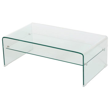 Modern Coffee Table, Tempered Glass Frame With Shelf & Waterfall Edges, Clear