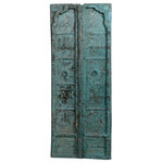 Mogul Interior - Consigned Vintage Indian Teak Double Door Rustic Blue Exterior Doors 82 - Experience the vintage elegance of Antique Teak Barn Doors from India, meticulously crafted from sturdy, reclaimed teak wood and finished in a beautifully weathered blue patina. These exterior doors exude vintage charm, with their distressed finish reflecting decades of history and character. The inherent strength of teak wood ensures not only their durability but also their ability to withstand the elements, making them ideal for enhancing the entrance to your home, garden, or patio. Whether used as a grand entrance or a decorative feature, these doors evoke a sense of history and bring a touch of artisanal beauty to your outdoor areas.
